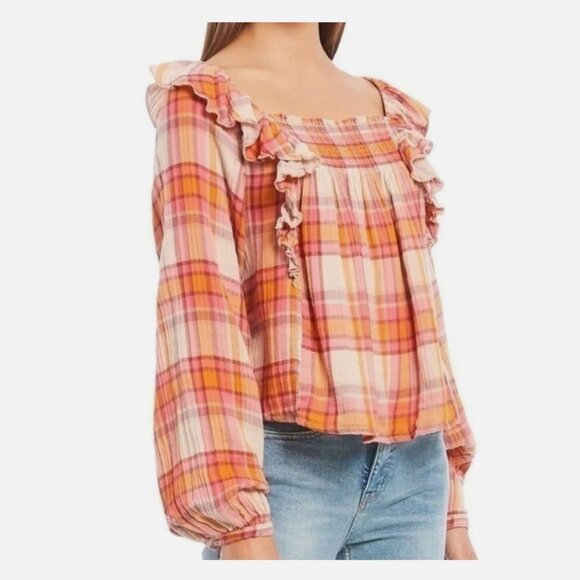Free People Tea Combo Sienna Plaid Ruffle Blouse Multi XS - Picture 9 of 14